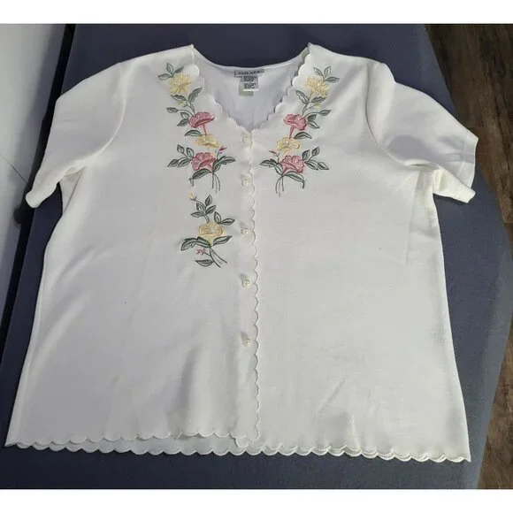 VTG Women's SZ LG Graff Knit Scalloped Pearl Button Top Blouse Floral Grandma - Picture 3 of 9